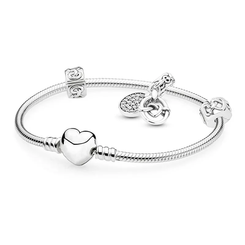 

2019 Authentic 925 Sterling Silver Original Pans Knotted Hearts Bracelet Set Women Birthday DIY Jewelry Valentine's Day Gift