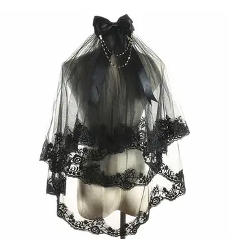 

2Layer Detachable Bowtie Wedding Veil Floral Lace Rim Black Tulle Mesh with Comb 35EF