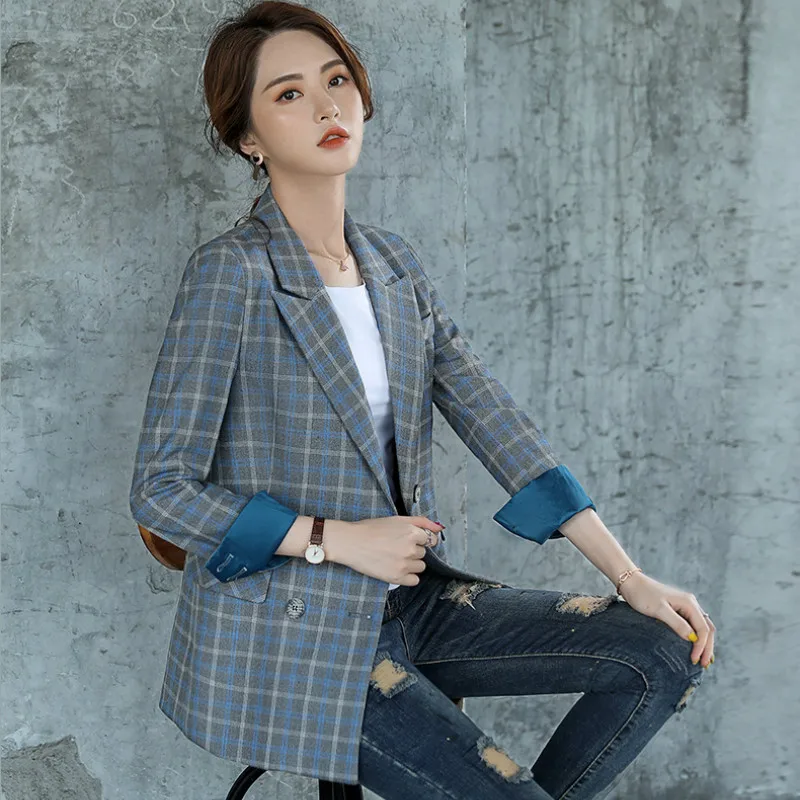 

Plaid Vintage Ladies Blazer Blue Loose Simple Stylish Casual Suit Jacket Korean Spring Autumn Women Blazer Large Size MM60NXZ