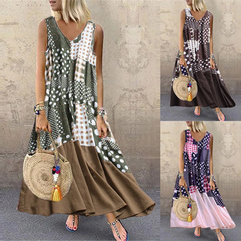 

ZANZEA Women Maxi Long Dress 2019 Summer Sleeveless Pockets Bohemian Vestidos Vintage Patchwork Printed Party Sundress Robe 5XL
