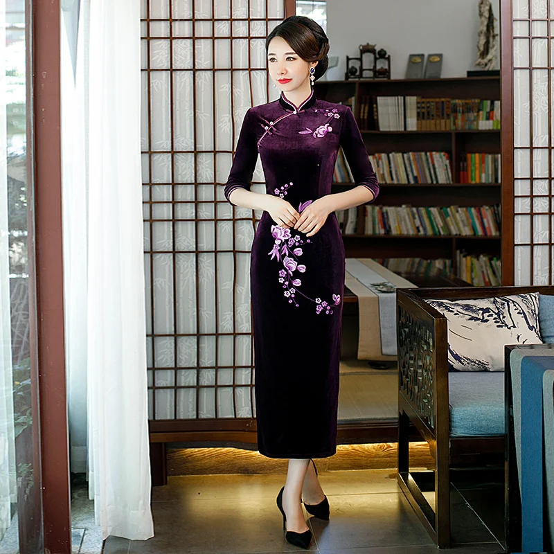 Бургундия Женская Вышивка цветок Cheongsam сексуальный китайский стиль длинное платье весна Qipao тонкие Вечерние платья на пуговицах Vestido M-4XL - Цвет: Фиолетовый