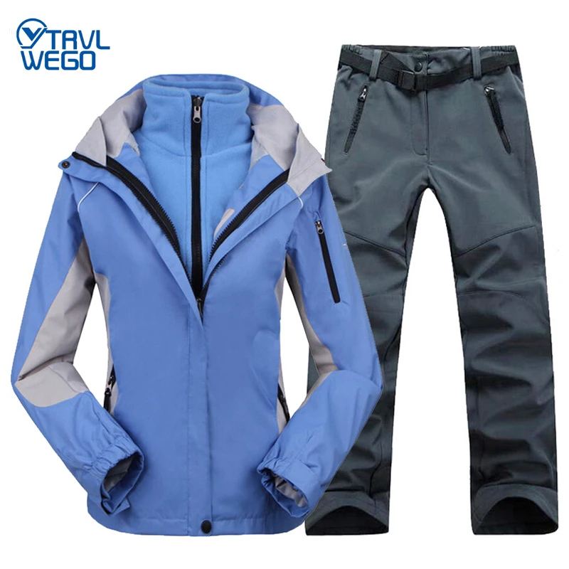 

TRVLWEGO Woman Winter Autumn Outdoor Jacket Pant Waterproof Windproof Trekking Camping Hiking Suit 2 In 1 Coat+Softshell Trouser