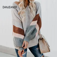 DANJEANER винтажный v-образный вырез полосатый рукав-фонарик трикотажные пуловеры осень зима Повседневный свитер оверсайз топы джемперы для улицы