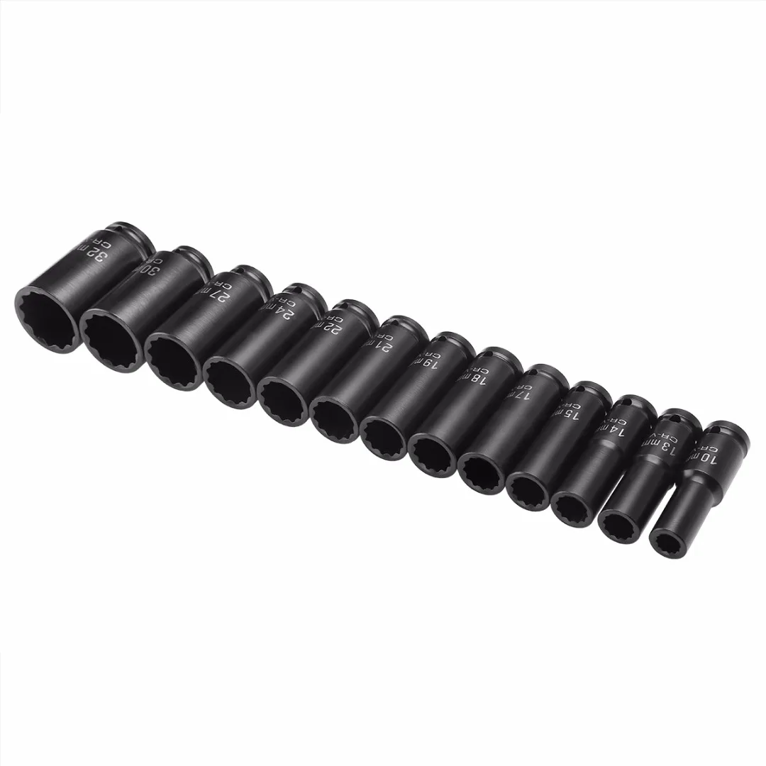 13pcs Impact Socket Set 1/2" 10-32mm Universal Socket Metric Drive Deep Socket Set Wrench for Air Pneumatic Tool Repair Tools
