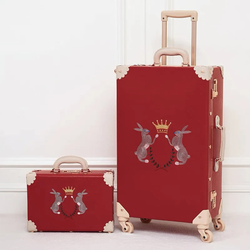 thumbnail image 1 of Bolsa de viaje de PU con bordado a mano para mujer, juego de equipaje rodante, Maleta Retro con bolso de mano, 13 ", 20", 22 ", 24", 26 ", novedad, 1 of 4