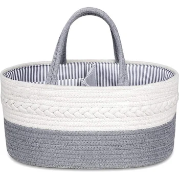 

Baby Diaper Caddy Organizer - Stylish Rope Nursery Storage Bin Cotton Canvas Portable Diaper Storage Basket