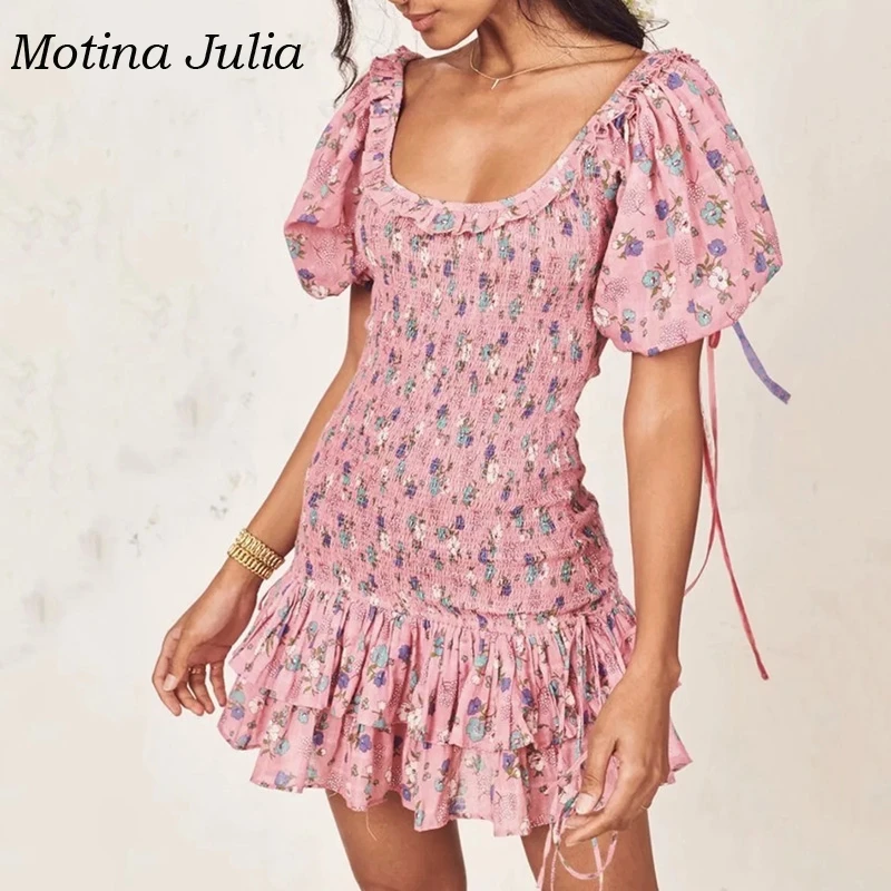 Motina Julia модное платье с рюшами и принтом женское мини-платье в стиле бохо пляжное платье с квадратным вырезом