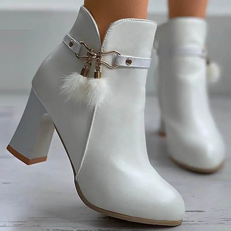 

Two Color Mujer Women Chic Style Round Head Martin Boots Square Heel Buckle Pom Pom Zip Chunky Boots