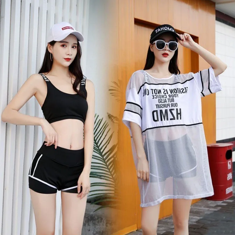 

Sports Two-piece Swimsuits Women's Bikini Three-piece Set Boxer Conservative Slimming Cover Meat Large Size Hot Springs Half-sle