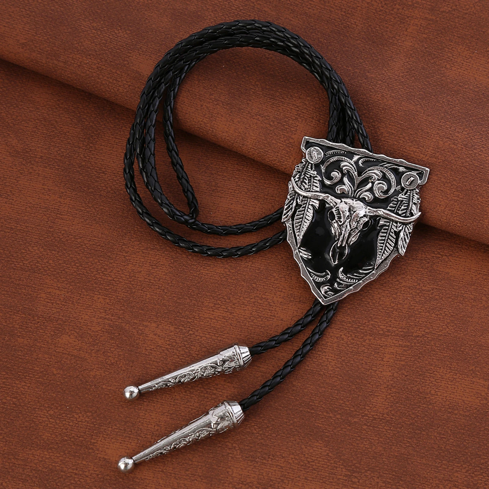 Bull Head  Men Bolo Tie Wedding Necklace PU Leather Rope Western Cowboy