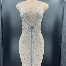 Женское платье на день рождения, прозрачное, серебряное, стразы, прозрачное, без рукавов, с кристаллами, стрейчевое платье, праздничный сексуальный костюм