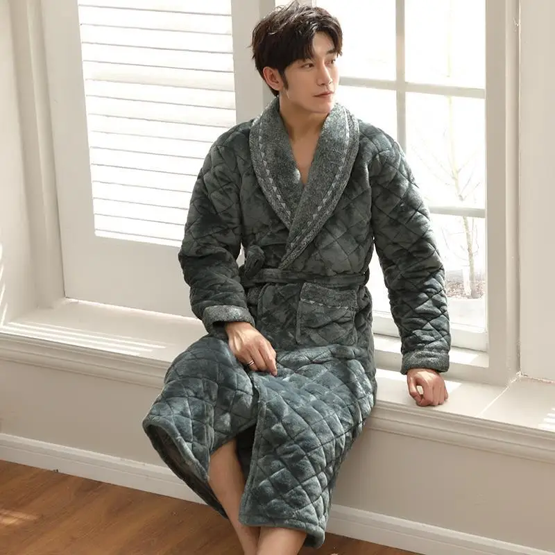 Толстый зимний халат, мужской роскошный стеганый хлопковый теплый фланелевый Халат с тиснением, мужской домашний халат