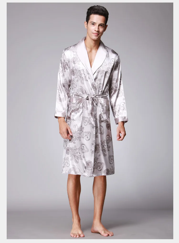 mens cotton pajama pants Ice Silk Long Sleeve Men's Pajamas Long Robes Nightgown Satin Sleepwear Loose Bathrobes Bathrobe Home Clothes 2021 silk sleepwear