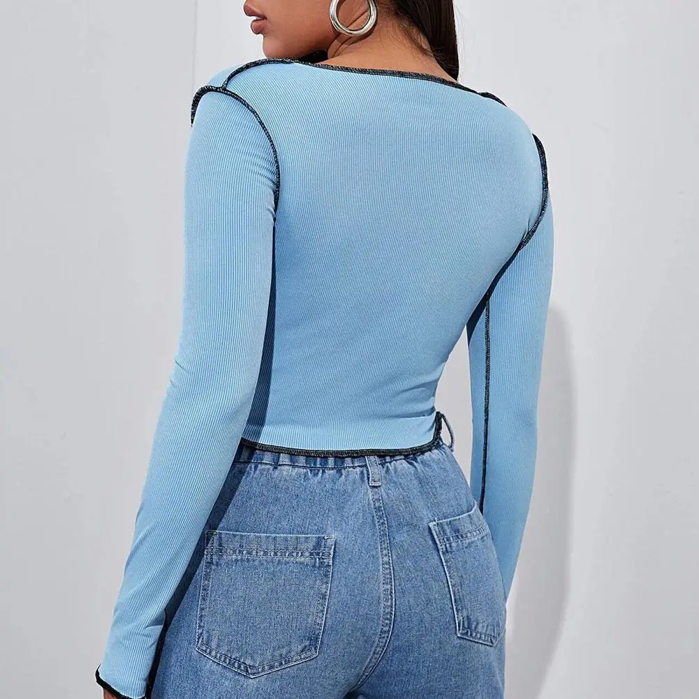 Sexy Blouses Woman Blue Stamping Deep V Neck Long Sleeve Chest Bandage Blouses Loose Blouse Shirts Female Top 2