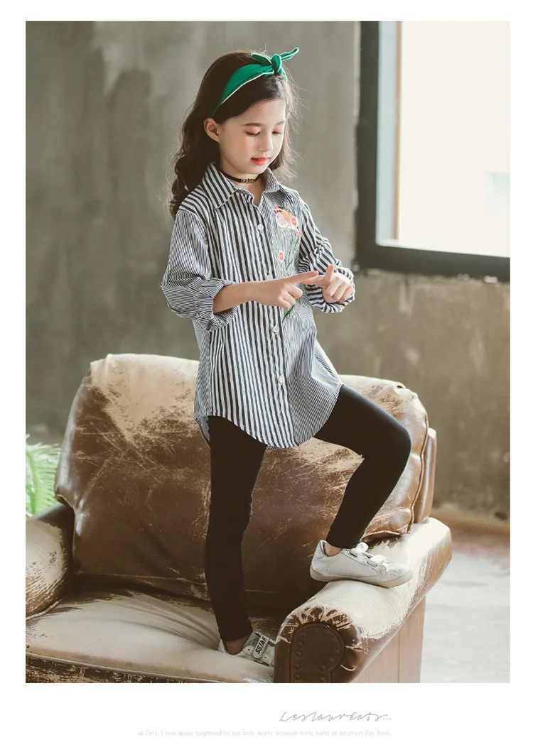 Girls Autumn Clothing New Style Flower Embroidered Striped Shirt Joint Long Sleeve Korean-style Fold-down Collar Long-sleev