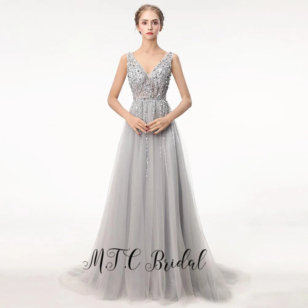 

Hot Selling Glitter Sliver Long Evening Dress Backless A Line V Neck Beads Tulle Sexy Prom Gowns 2019 Custom Made Party Dresses