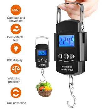 

YosHouse 50kg/10g Digital Scale with Hook Measure Electronic Balance Hand Scales for Fishing Luggage Travel Steelyard Weight