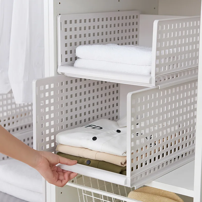 

Wardrobe Storage Basket Wardrobe Storage Layered Partition-Superimposed Clothes Storage Box Plastic Storage Basket Storage Shelf
