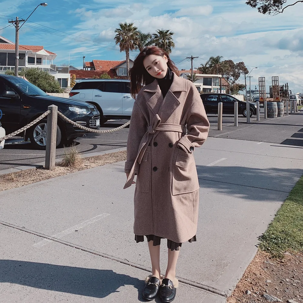 

Korean-style Woolen Jacket WOMEN'S Dress 2018 Winter New Style Retro Laziness British-Style Long Double Breasted Woolen Overcoat