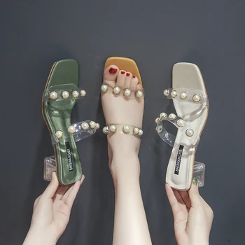 

Glitter Slides Slippers Women Summer Med Transparent Heel Shoes Low Pantofle Square heel Fashion Platform Jelly Flat 2020 Block