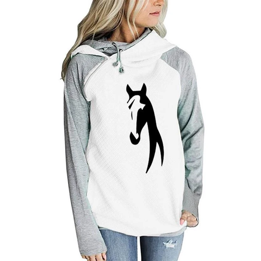 

HORSE Letters Print Hoodies For Women Zipper Decoration Sweatshirt Femmes Kawaii Hoodies Women Pockets Pattern Clothings