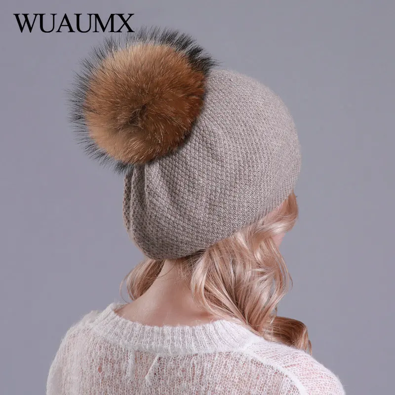 Wuaumx, модные зимние женские шапки, двойной слой, шерсть, вязаные шапочки, шапка, натуральный мех, помпон, шапки, теплые, Skullies, шапка для женщин