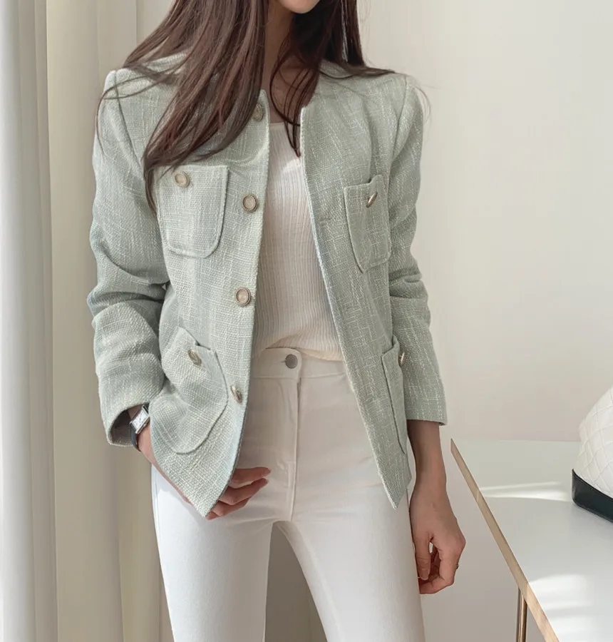 

2020 Autumn Winter Women Tweed Coat Vintage Cardigan woolen Jacket Long Sleeve Green White Tweed Jacket JK366