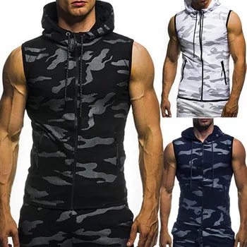 

New Men Bodybuilding Tank Tops Gyms Fitness Workout Sleeveless Hoodies Man Casual Camouflage Hooded Vest Male Camo Clothing
