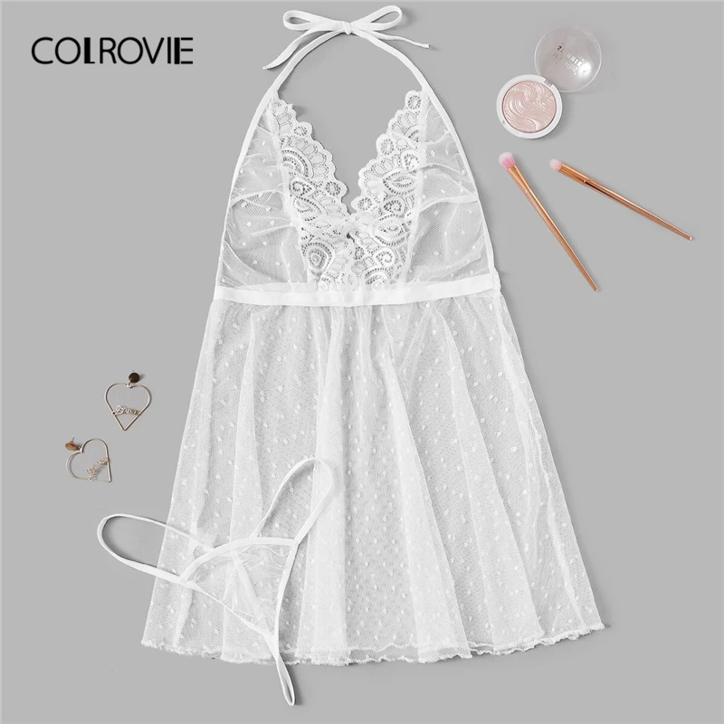 COLROVIE, однотонное кружевное платье на бретельках с бретельками, Женское ночное платье, лето, без рукавов, Прозрачная Сексуальная Ночная сорочка, сетчатая Пижама