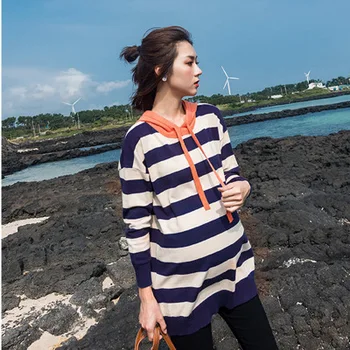 

Autumn and winter new sweater short fashion hooded sweater loose striped section pregnant women coat maternity dress