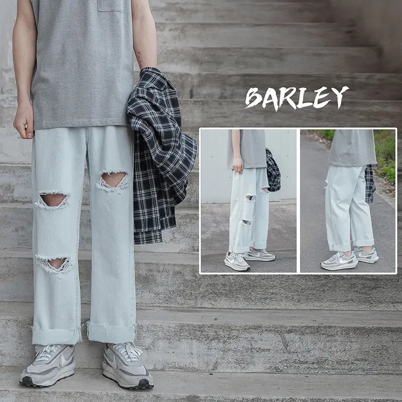 

Summer Ripped Jeans Men's Fashion Washed Retro Straight Jeans Pants Men Streetwear Loose Hip-hop Hole Denim Trousers Mens S-2XL