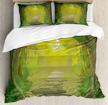 

Forest Duvet Cover Set Pathway with Trees and Ferns Fairytale 3 Piece Bedding Set Sage Yellow and Fern Green