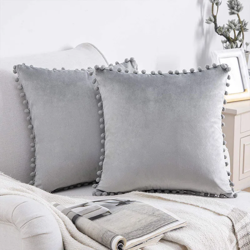 Velvet Decorative Cushion with Ball Home Decor Sofa Pillowcase  Pure Color Drop Ball Plush Car Home Office Throw Pillowcase 