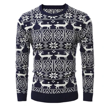

Christmas Sweater Men Casual Pullovers Long Sleeve O-Neck Knitted Sweater Winter Pullovers Deer Printed Pull Homme