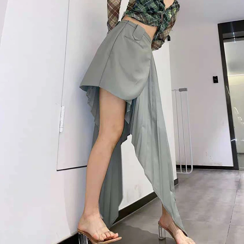 TWOTWINSTYLE Ruched Irregular Two Piece Set For Women Notched Long Sleeve Lace Up Top High Waist Skirt Suit Female 2020 Tide New