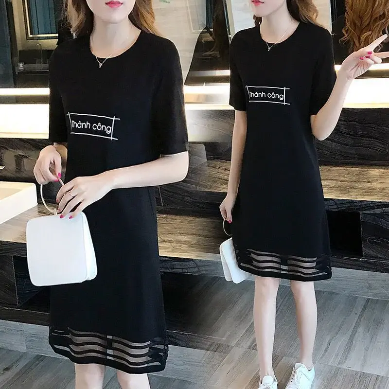 

2019 Summer Wear Printed Letter Loose-Fit Slimming Dress WOMEN'S Short Sleeved Joint Gauze Mid-length Base Skirt Fashion