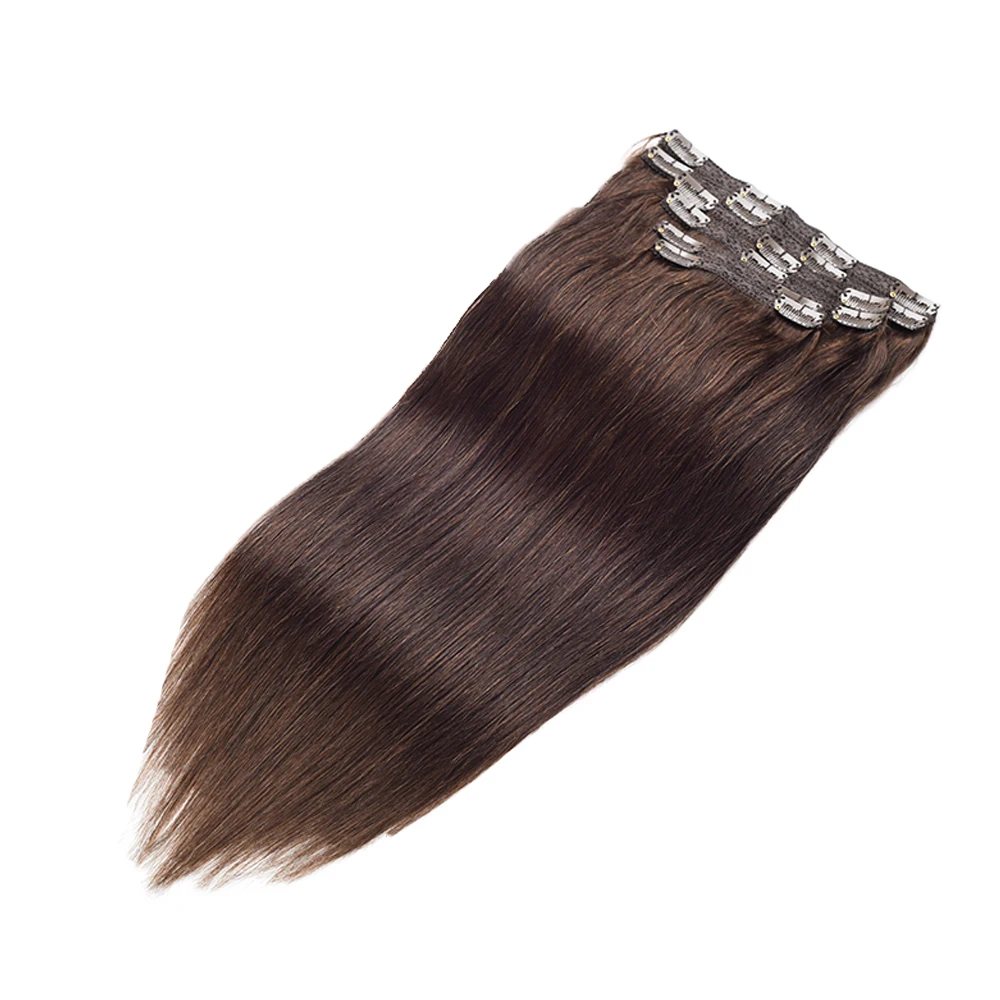 Toysww 100% Real Human Hair Extension Full Head 6Pcs/Set Clip in Hair Extensions Dark Brown Color 2,100g 120g