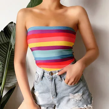 

Women's Summer Top New Fashion Tank Top Rainbow Stripe Bottom-wiping Sexy Vest T-shirts for Ladies debardeur femme 2020 Hot