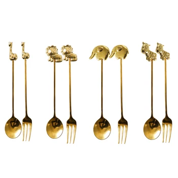 

6pcs/set Cartoon Cafe Spoon Dessert Fork Stainless Steel Dinnerware Set Gold/Sliver Cutlery Set Tableware Kitchen Tools for Kid