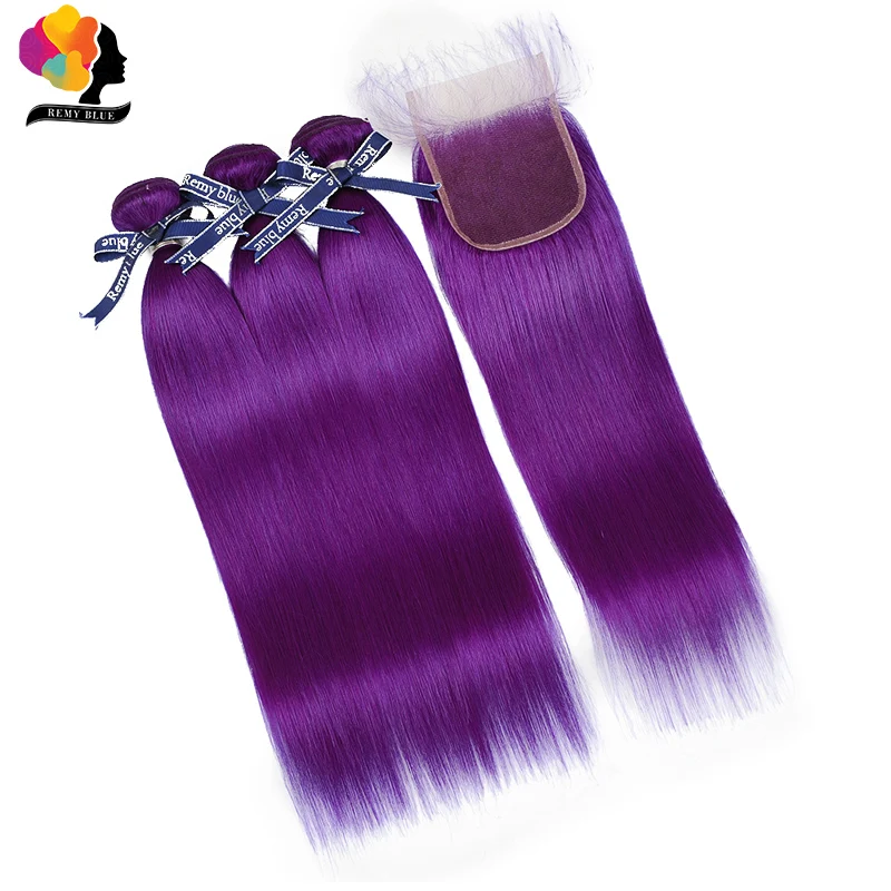 

Purple Colored Remyblue Remy Hair Bundles With Closure Peruvian Straight Human Hair Bundles With Closure Pre Plucked Hairline