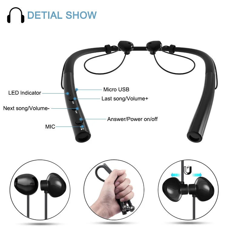 Wireless Smart Magnetic Neckband Bluetooths Earphone Earbuds with Microphone Stereo In Ear Headsets for Iphone Android Samsung