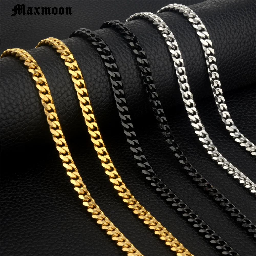 Cuban Necklaces MAXMOON Mens Stainless Steel Black Gold Silver Color Necklace for Men Women 3/5/7mm