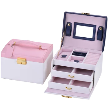 

TX002 New Jewelry Box Large Capacity Leather Storage Jewelry Box Earring Ring Necklace with Mirror Watch Jewelry Organizer