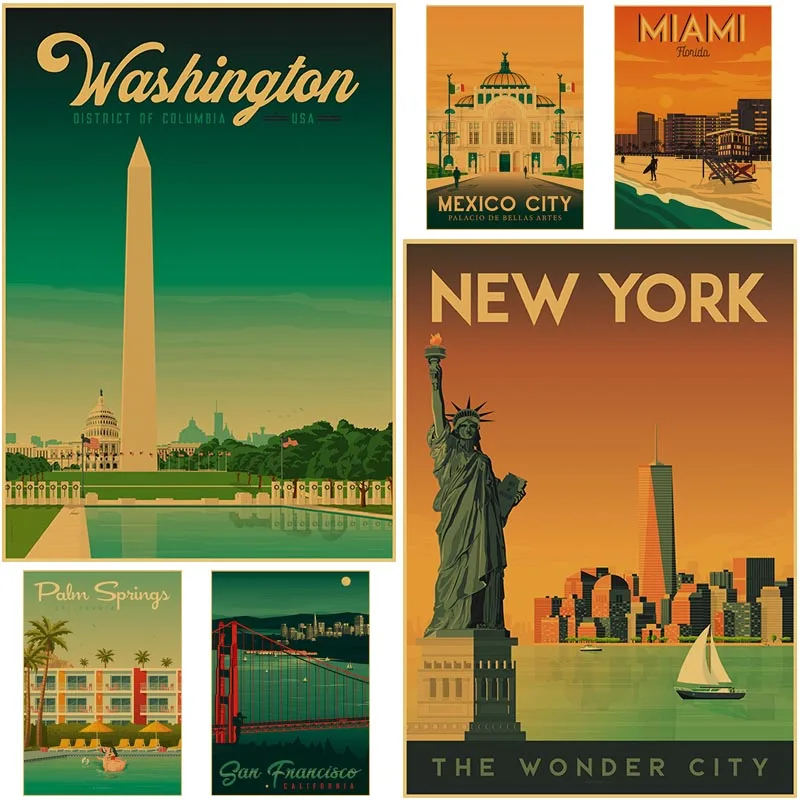 

Famous Travel Cities Poster Aesthetic Retro Kraft Paper New York Washington Landscape Posters Home Decor Room Bar Wall Sticker