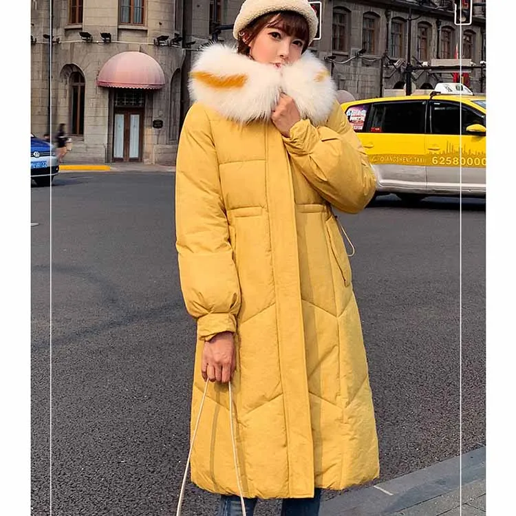 Heydress зима с капюшоном женское повседневное пуховое пальто Дамский меховой воротник молнии длинное пуховое пальто женский теплый soild пуховик - Цвет: yellow