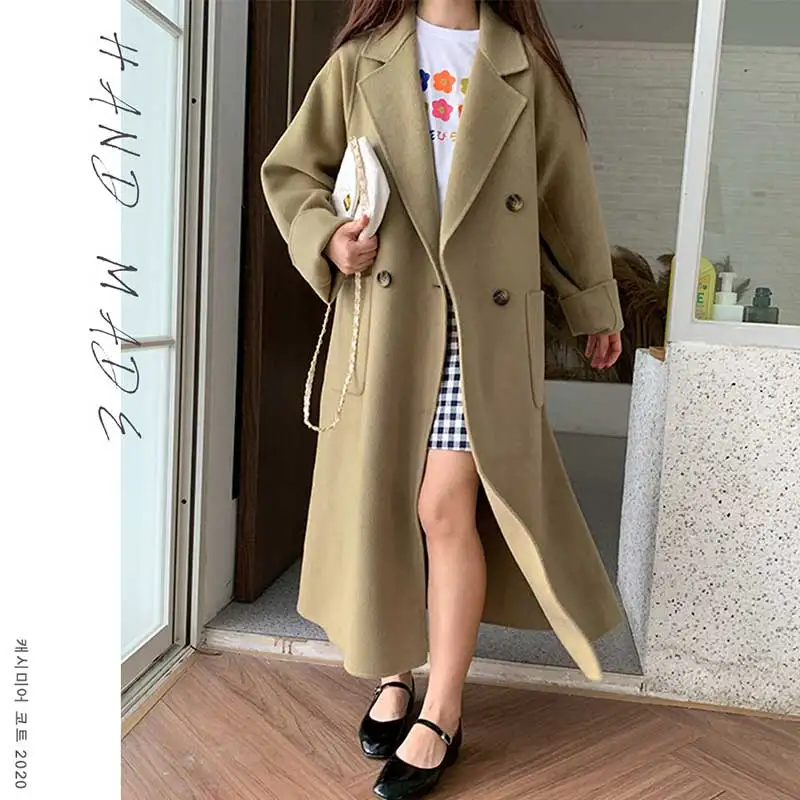 

Women's Spring Winter Hand Made Two-sided 100% Wool Coat Double Breasted Cashmere Coat Big Pocket