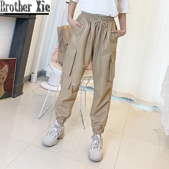 

Real Leather Cargo Pants Women Sheepskin Genuine Leather Trousers Joggers Loose Streetwear Elastic Waist Multi Pockets Female