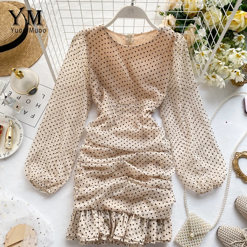 YuooMuoo Chic Ins в горошек Осень женское платье модная одежда со складками Плиссированное мини-платье элегантный Для женщин шифоновое облегающее платье вечерние платья