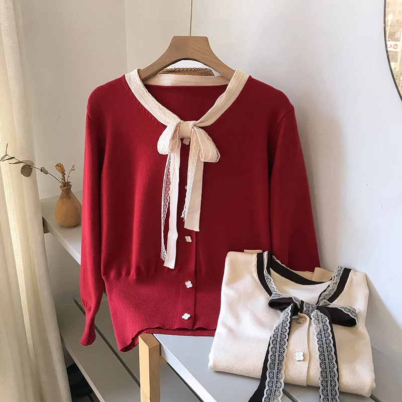 

Christmas Cardigans for Women Autumn Winter 2020 Loose Slimming Button-down Bowknot Knitted Tops Oversized Sweater Ladies Coat