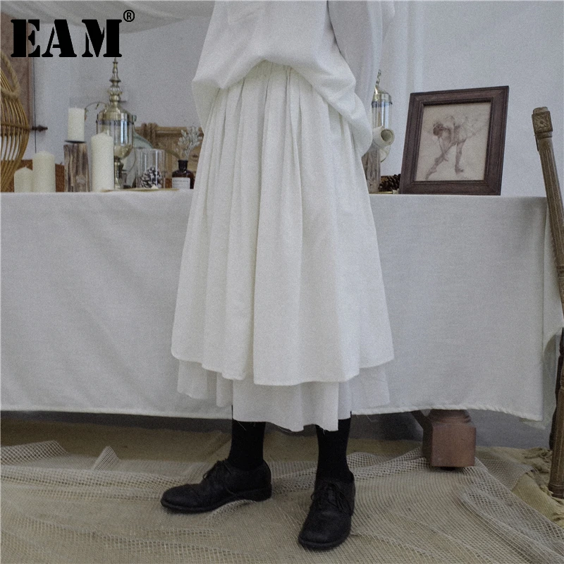 

[EAM] 2019 New Spring High Elastic Waist Black Irregular Loose Double Layers Loose Half-body Skirt Women Fashion JI423